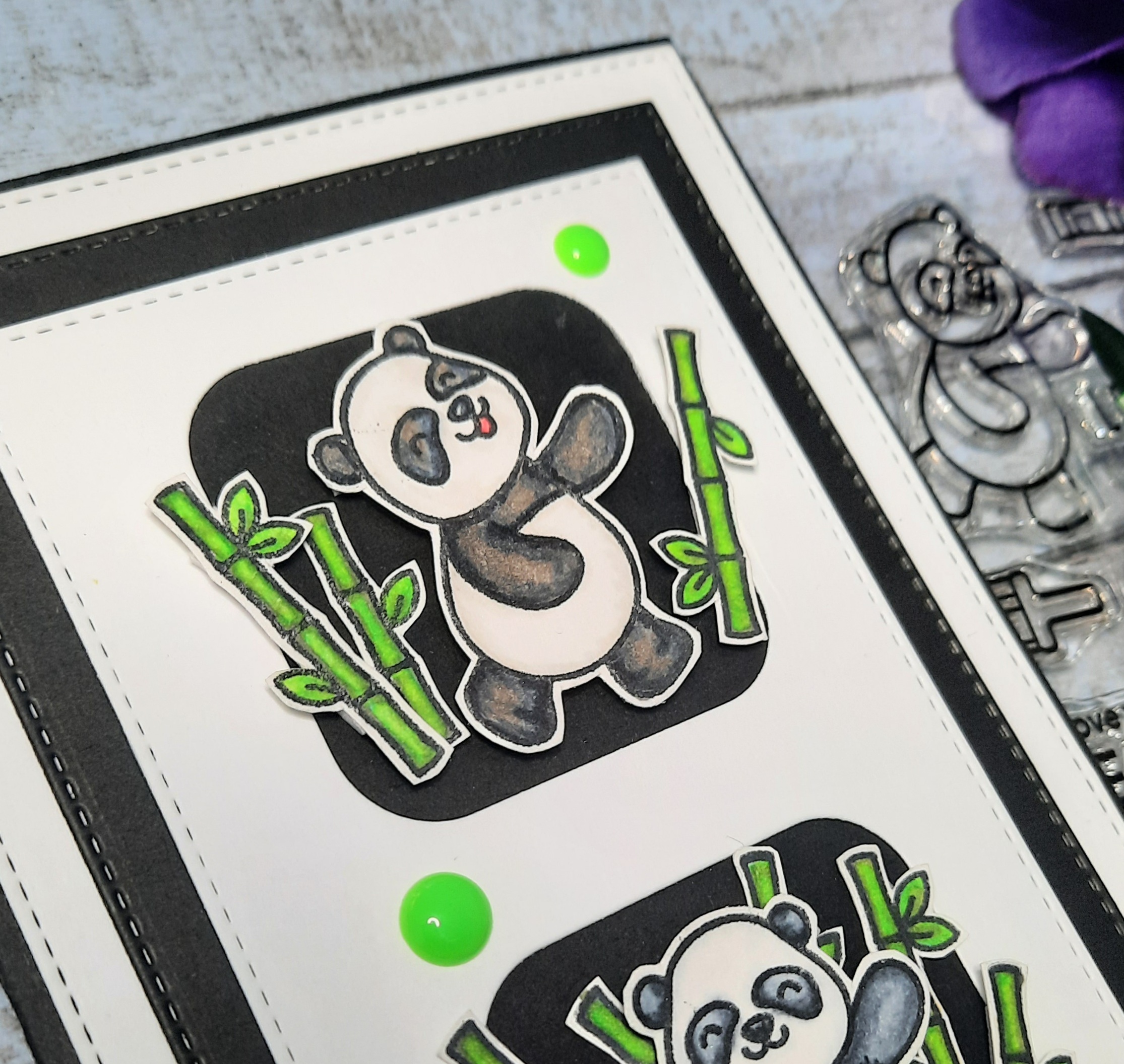 Panda image coloured with copics on a slimline card
